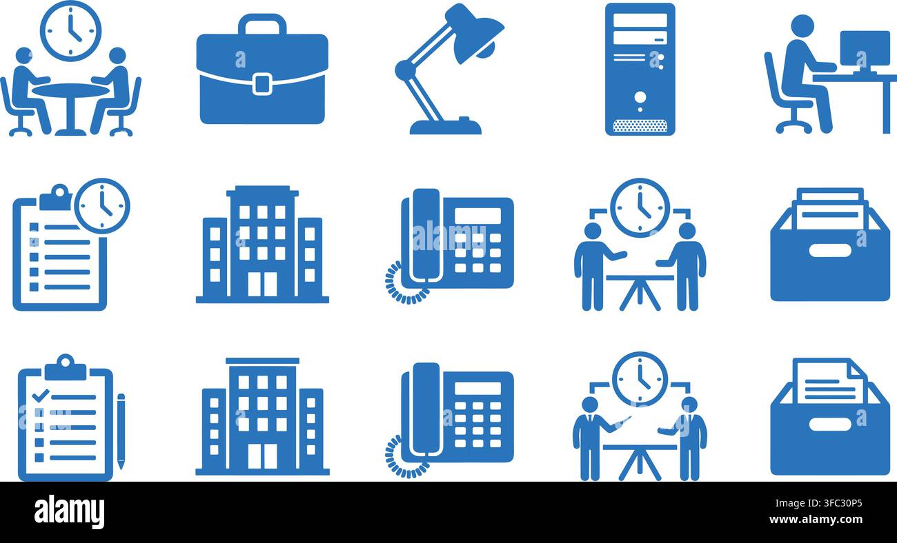 Corporate communication and office management icons set in flat blue design for professional workflow operations. Stock Vector
