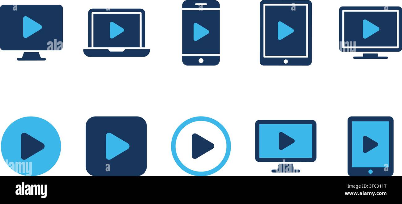 Digital media play button vector icons for various devices and interfaces on transparent background. Stock Vector