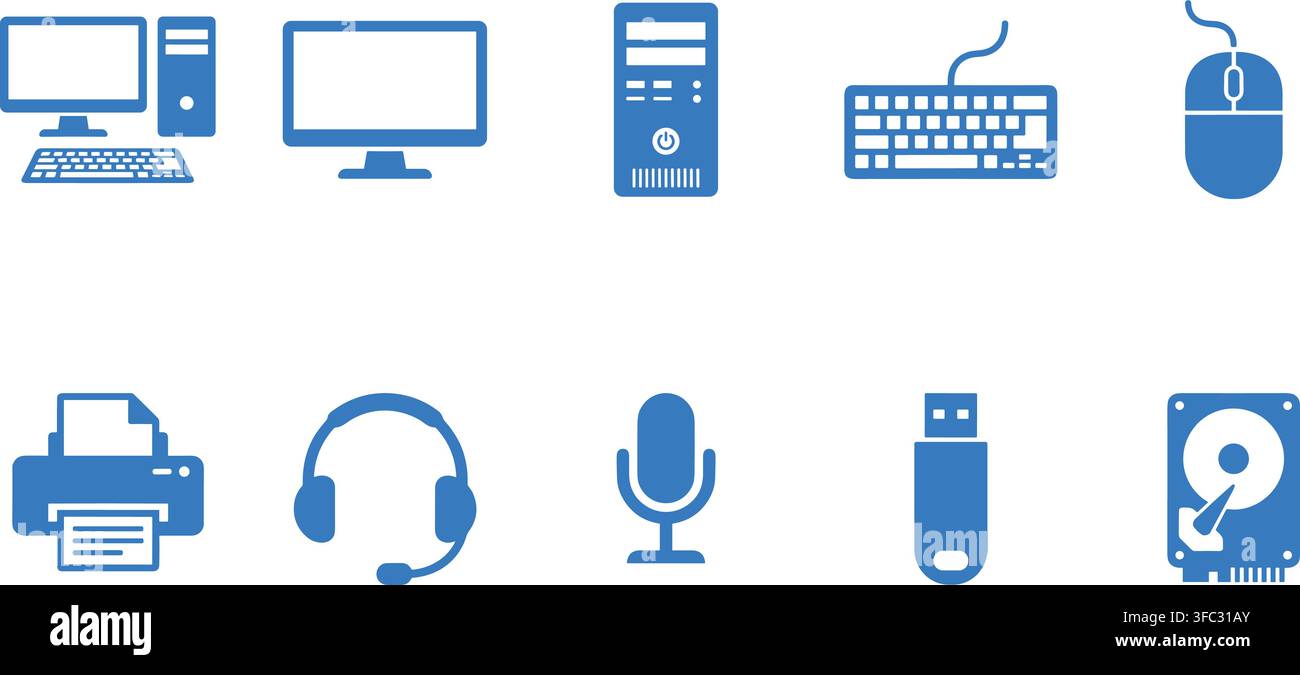 Desktop computer peripherals blue line icons set including display system unit keyboard mouse printer and mic. Stock Vector
