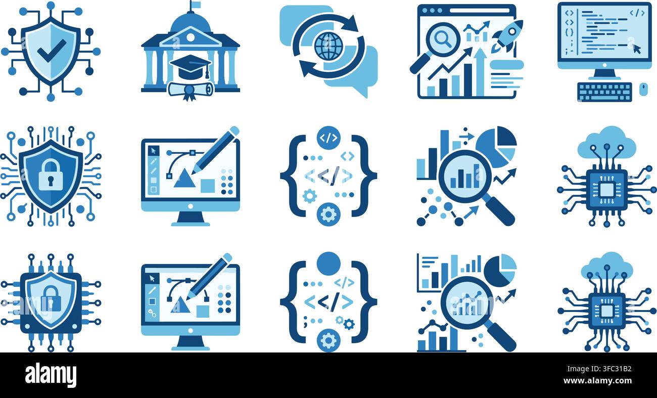 Digital technology icons set with blue gradient design for network security data analysis and web development concepts. Stock Vector