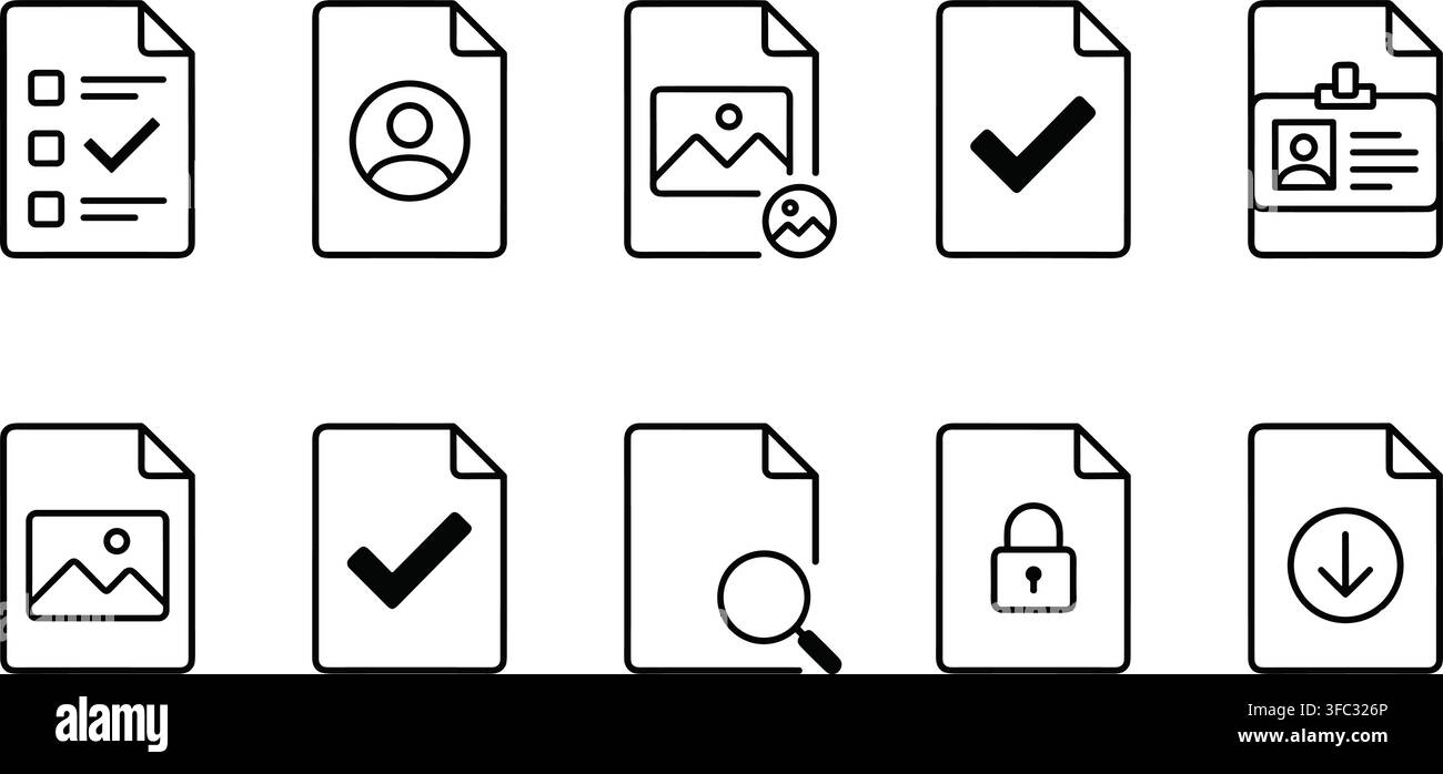 Document file line icons in black including user profile checkmark padlock download arrow image and magnifier search. Stock Vector