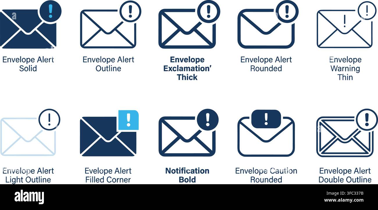 Envelope alert icons including solid, outline, thick, rounded, and thin variations for notification messages. Stock Vector