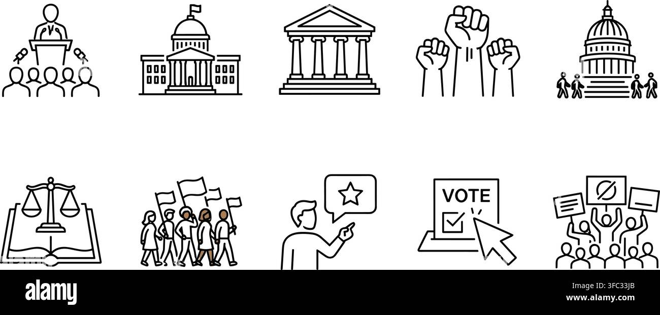 Government and political system black line icon set with transparent background. Stock Vector