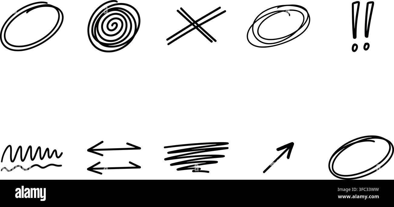 Hand drawn doodle sketches set containing circles spirals cross marks exclamation signs arrows scribble vector art. Stock Vector