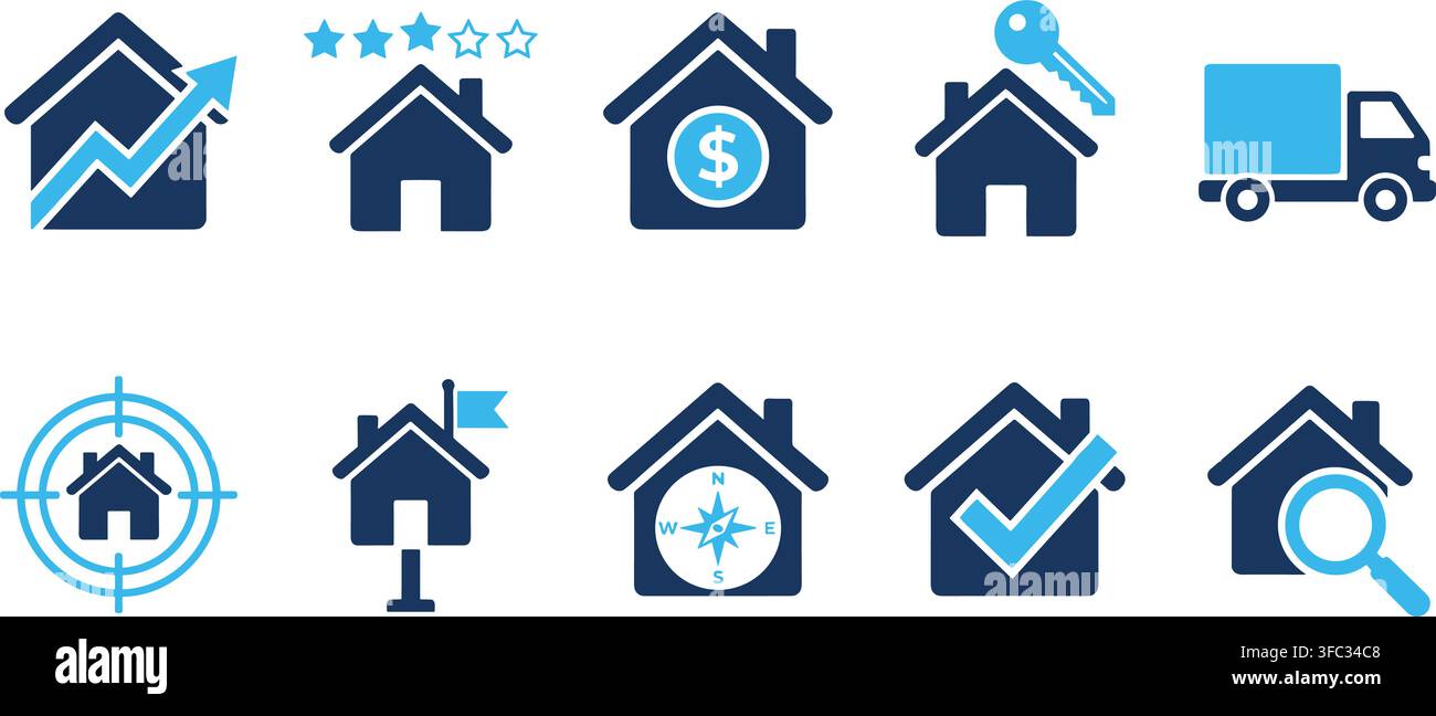 House and real estate icons in blue and light blue with various market and property concepts on transparent background. Stock Vector