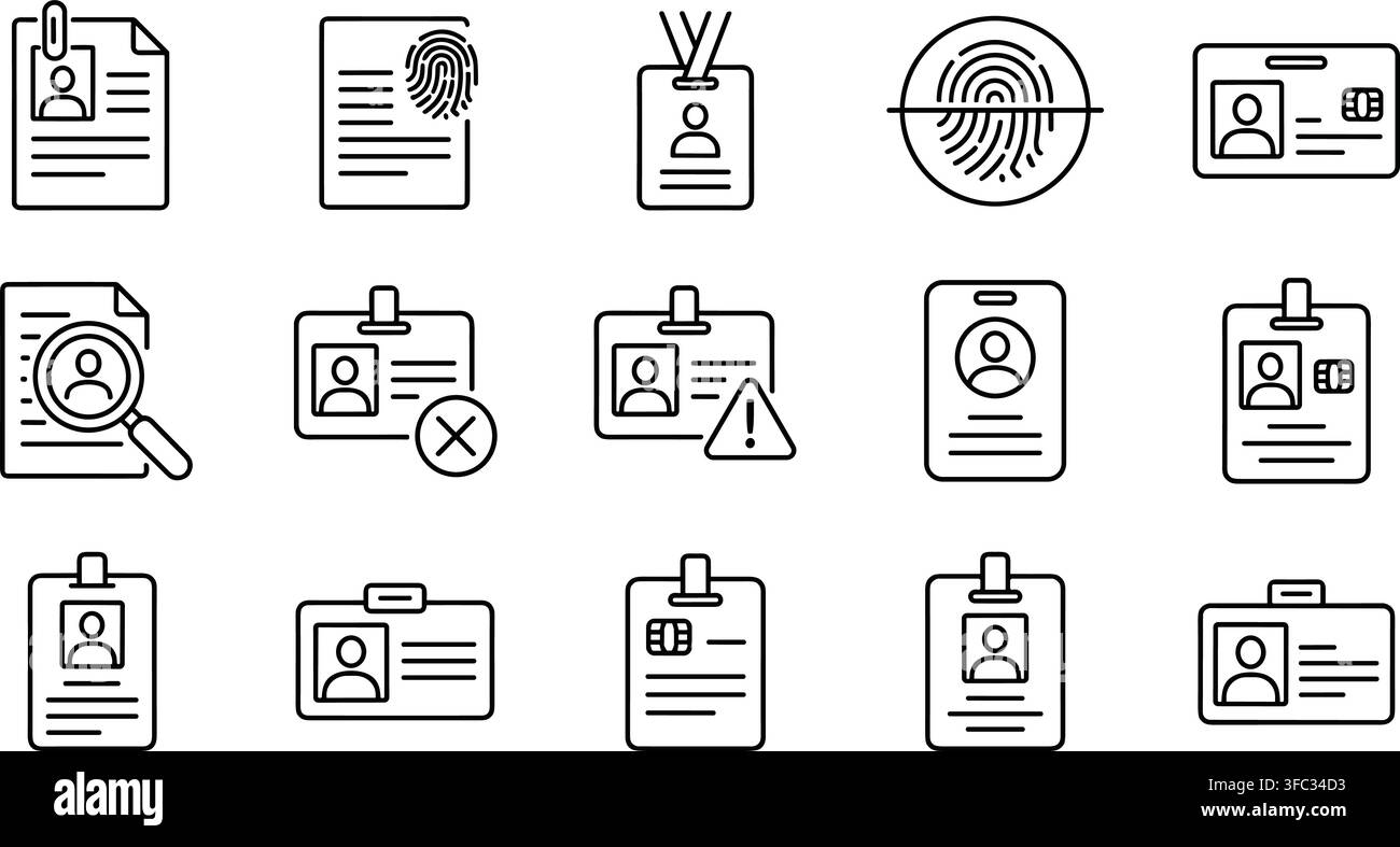 Identification and personal data black line icon set with transparent background. Stock Vector