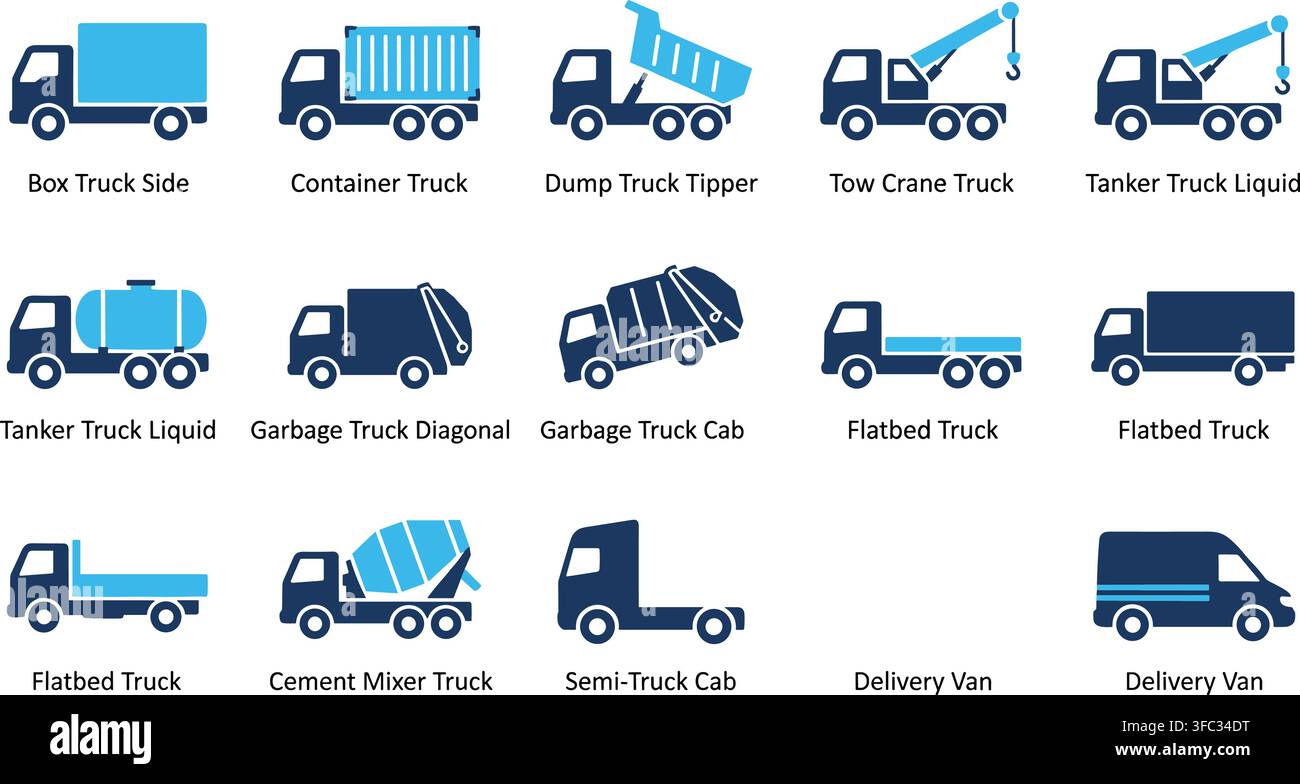 Industrial heavy commercial transport truck icons set including dump container tanker flatbed and cement vehicles. Stock Vector