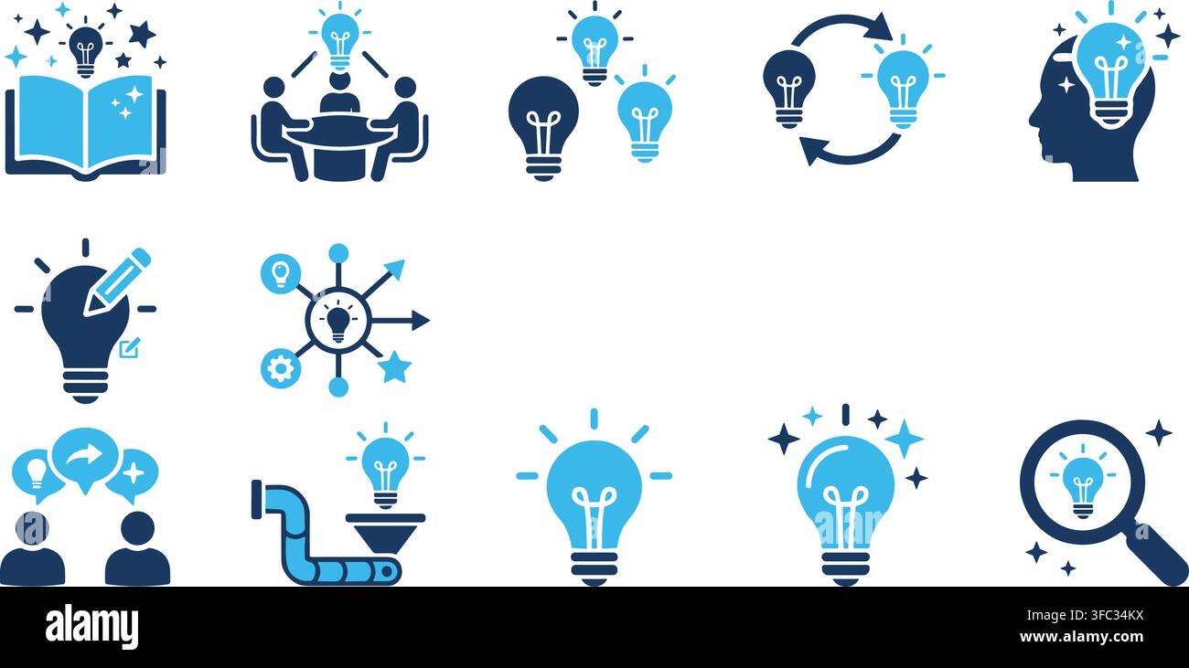 Innovation and idea generation flat design illustration set dark blue and light blue with transparent background. Stock Vector