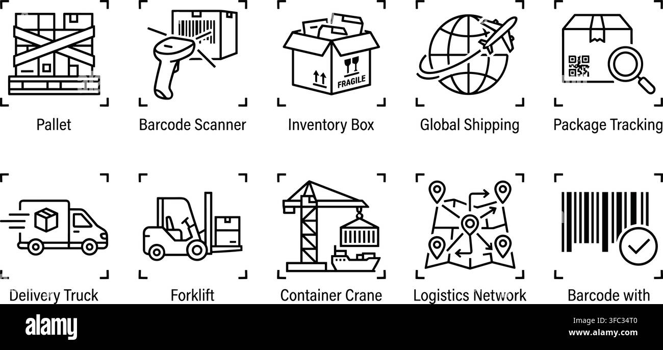 Logistic network outline icon set including barcode scanner and delivery vehicles for professional transport tracking. Stock Vector
