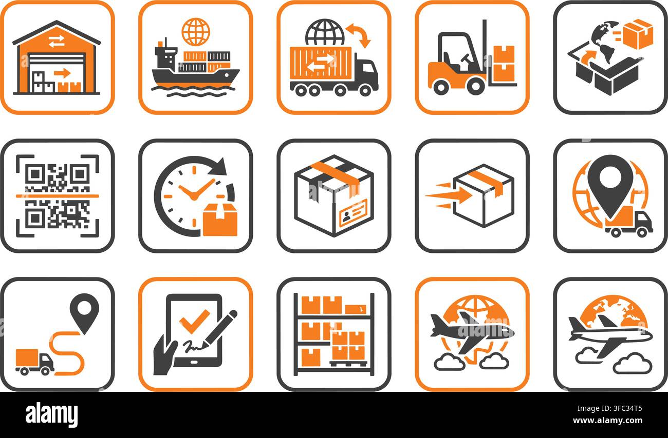 Logistics and shipping service icon set featuring warehouse storage and delivery trucks for global supply chain use. Stock Vector