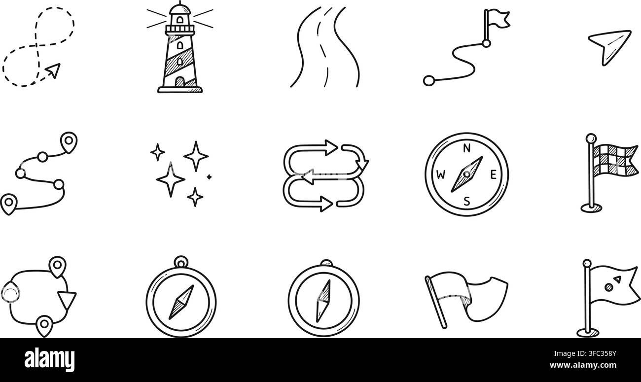 Navigation and location icons set in hand drawn doodle style featuring compasses flags roads and lighthouses. Stock Vector
