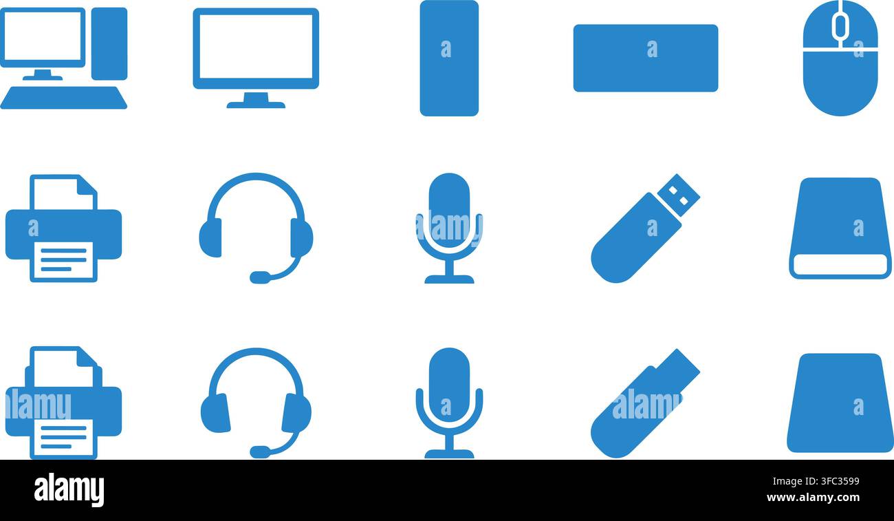Office computer hardware icons set representing desktop peripherals and peripheral devices for technical work. Stock Vector