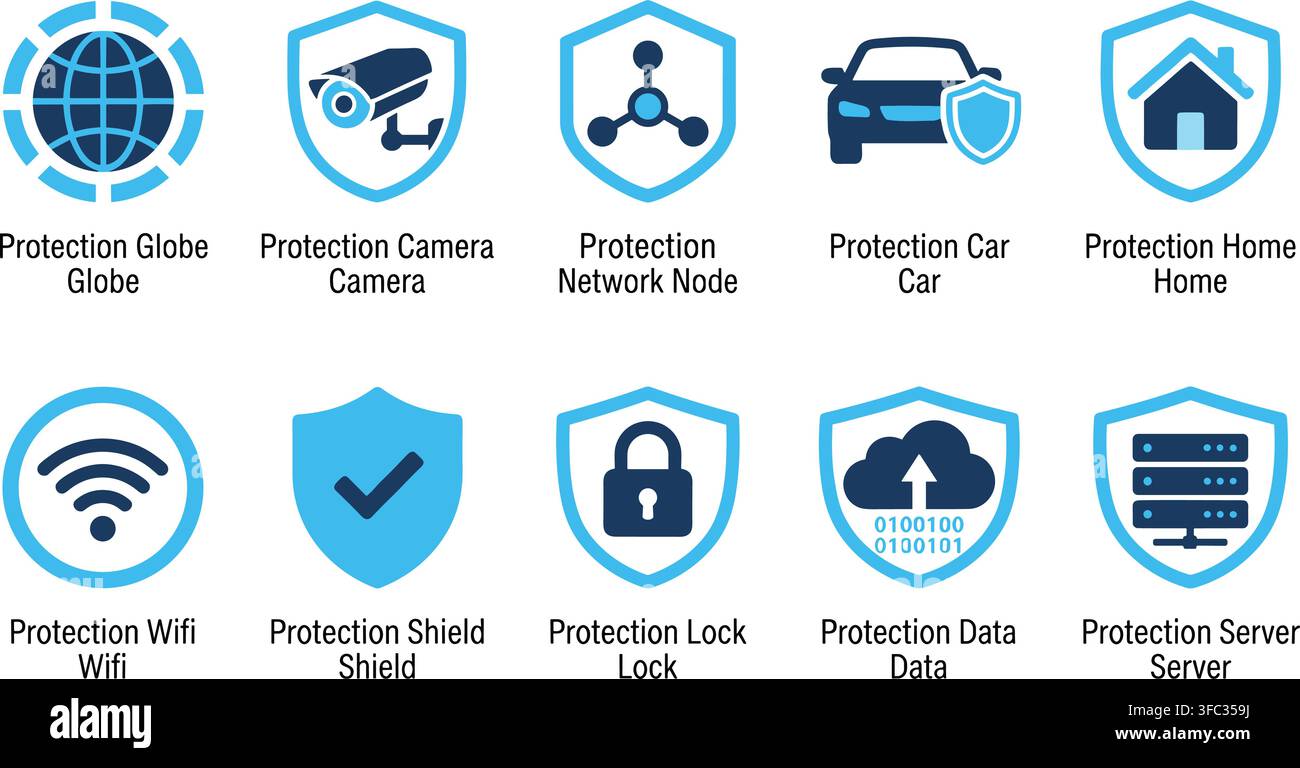 Network protection icons set features blue circular and shield elements designed for global security software apps. Stock Vector