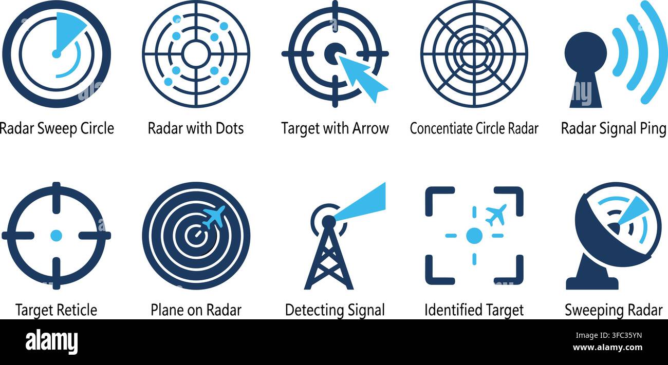 Radar sweep and target detection systems icons presenting sweep circle radar with dots target reticle and signal antenna. Stock Vector