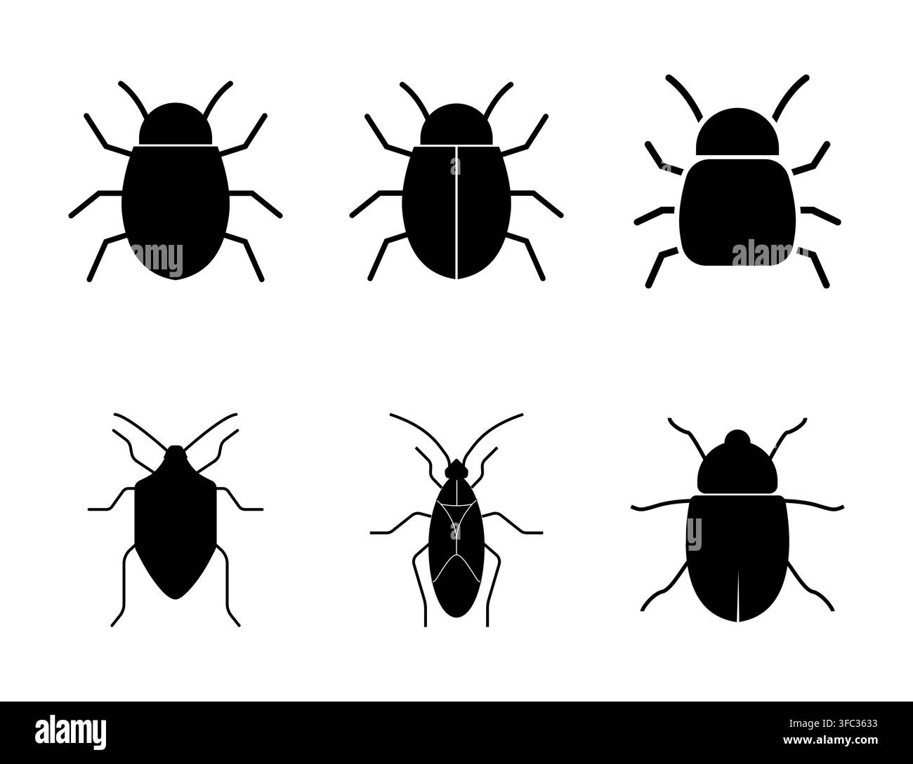 Bug Icon Set Six Black Insect Silhouettes Beetle Cockroach Stink Bug Vector Icons For Design. Stock Vector
