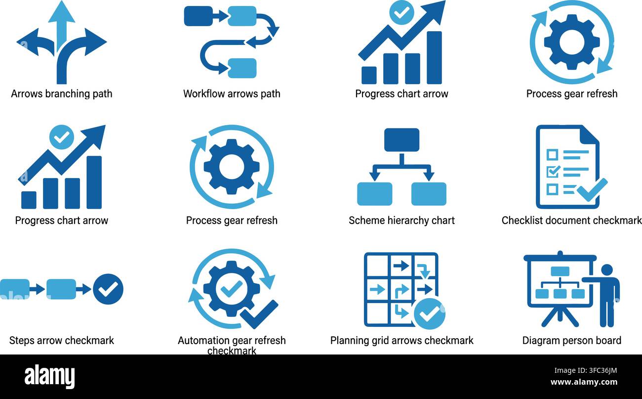 Set of blue and light blue workflow process chart and diagram management icons for business strategy. Stock Vector