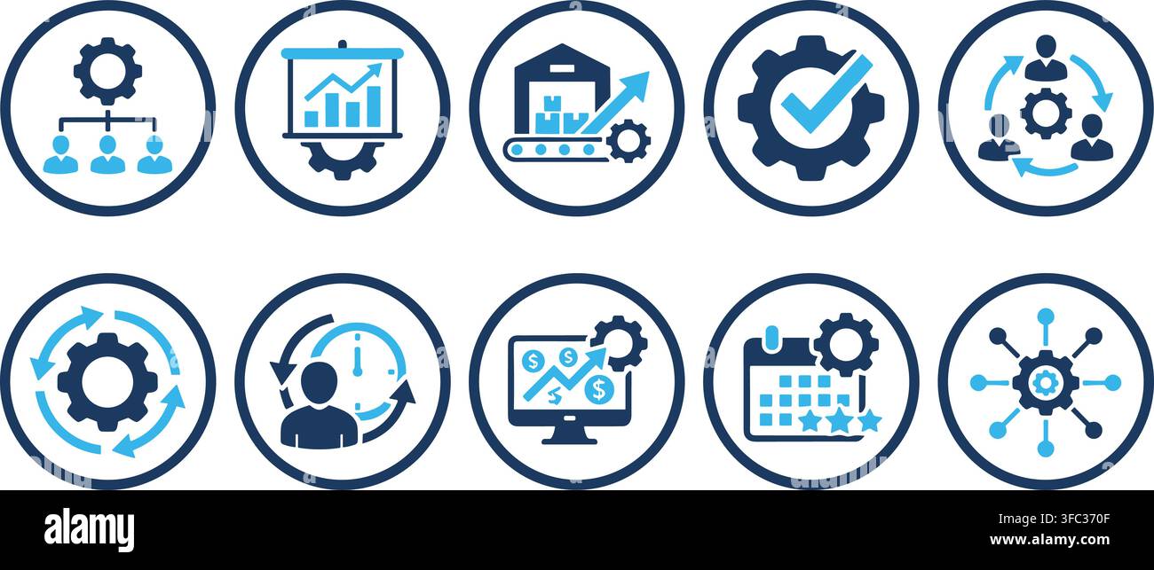 Set of business process icons in dark blue and light blue on transparent background for corporate use. Stock Vector