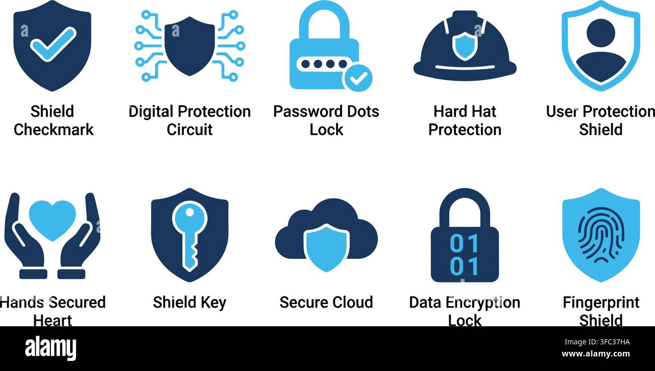 Shield icons set featuring blue digital protection elements for secure data management and cybersecurity projects use. Stock Vector