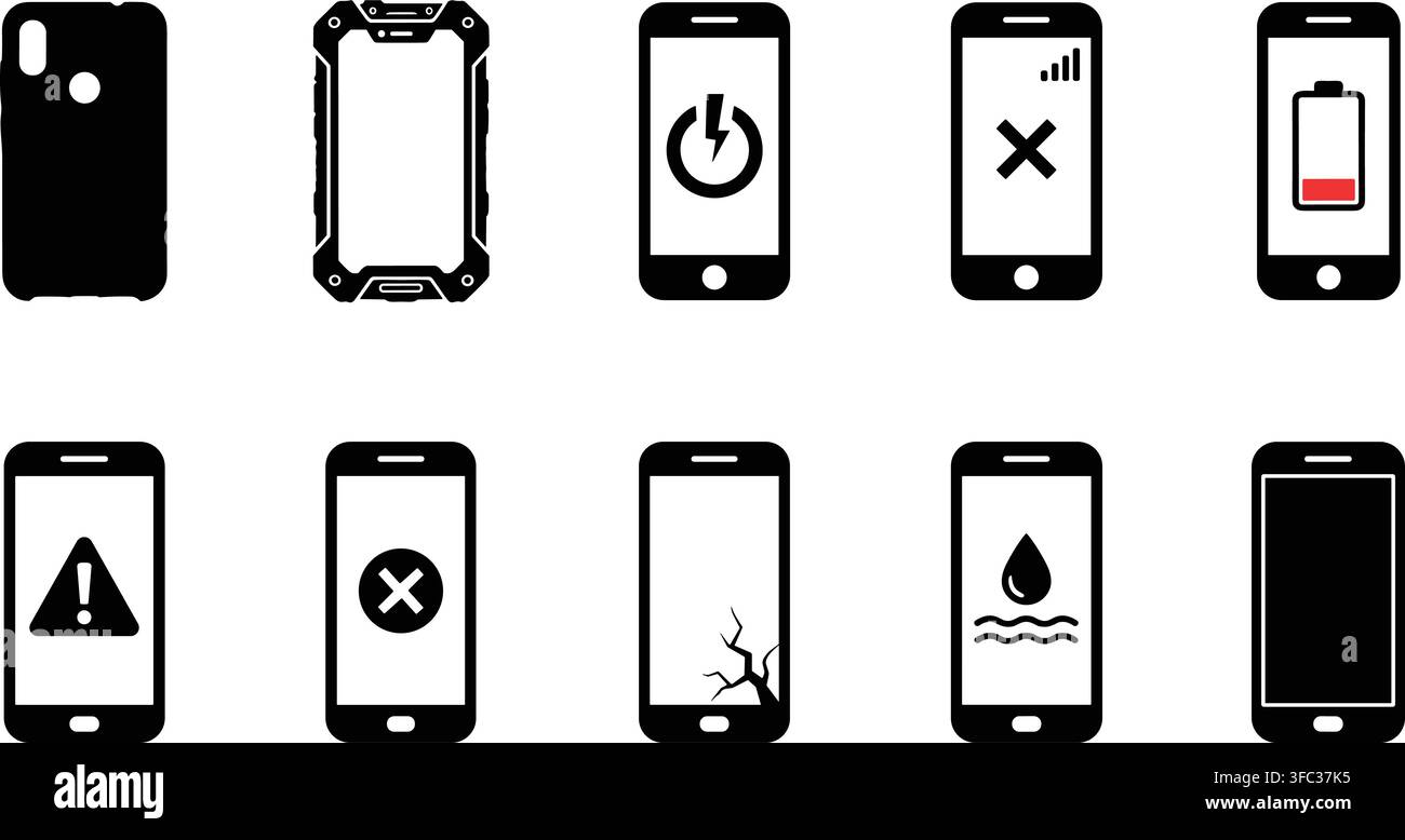 Smartphone repair solid black silhouette vector icons representing common mobile phone problems and accessories. Stock Vector