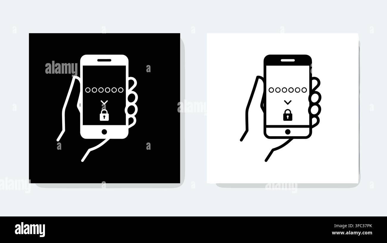 Smartphone hand held security lock icons set with digital password interface for mobile privacy access control design. Stock Vector