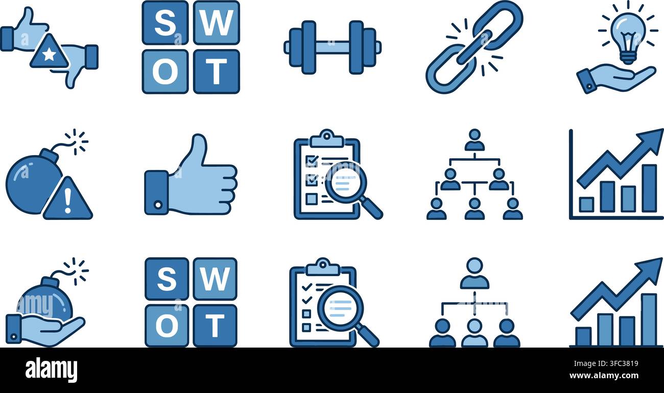 Strategic business analysis icons showing swot matrix strength link bomb risk alert and organizational hierarchy tree. Stock Vector