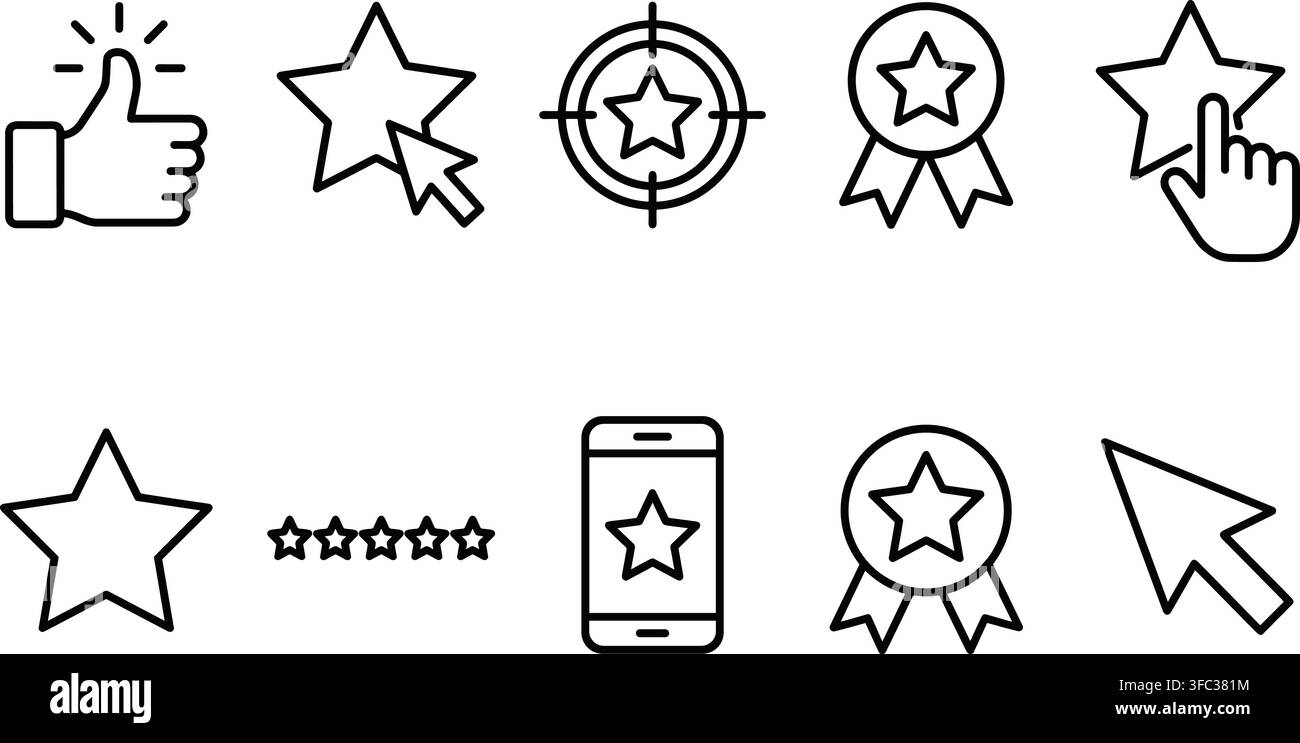 Star rating and like thumb icon set with cursor pointers for website feedback and user interface design elements. Stock Vector