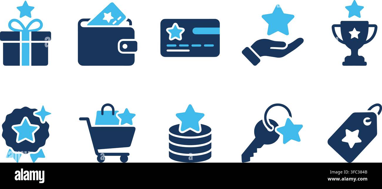 Star reward icons collection blue flat vector graphics for business loyalty programs achievements and shopping awards. Stock Vector