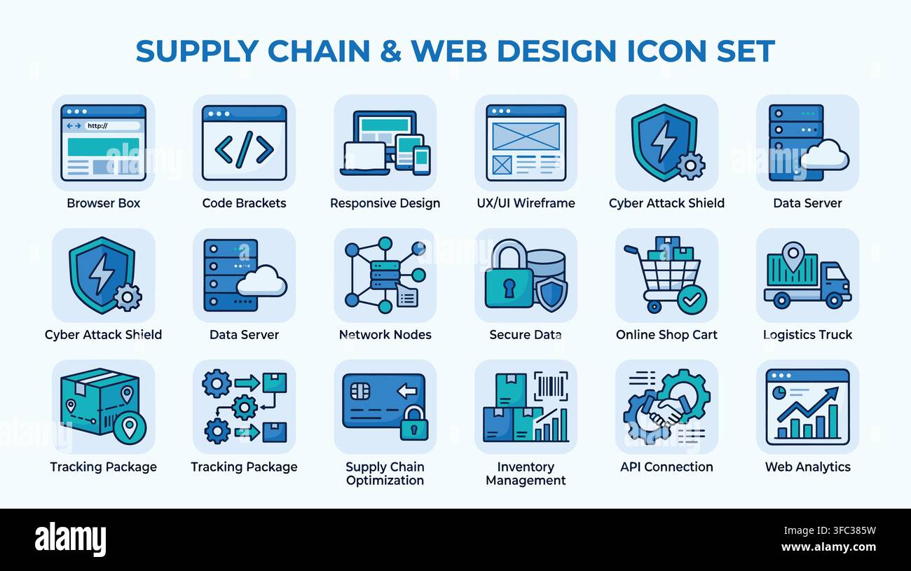 Supply chain and web design icon set vector blue themed flat symbols for logistics data security and network node. Stock Vector