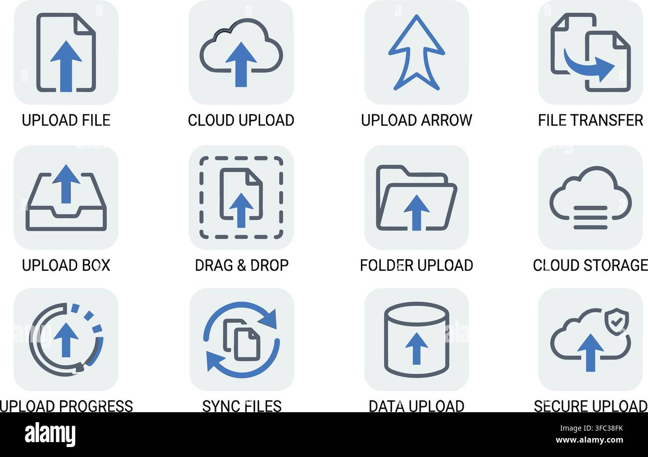 Upload file, cloud upload, upload arrow, file transfer, upload box, drag and drop, folder upload icons. Stock Vector