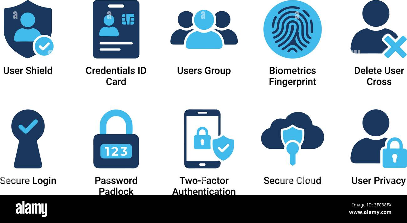 User authentication vector graphics collection showcase blue profiles with security locks and identification cards. Stock Vector