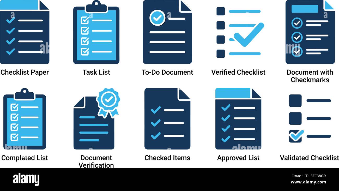 Various checklist and document icons in blue and black for task completion and verification processes. Stock Vector