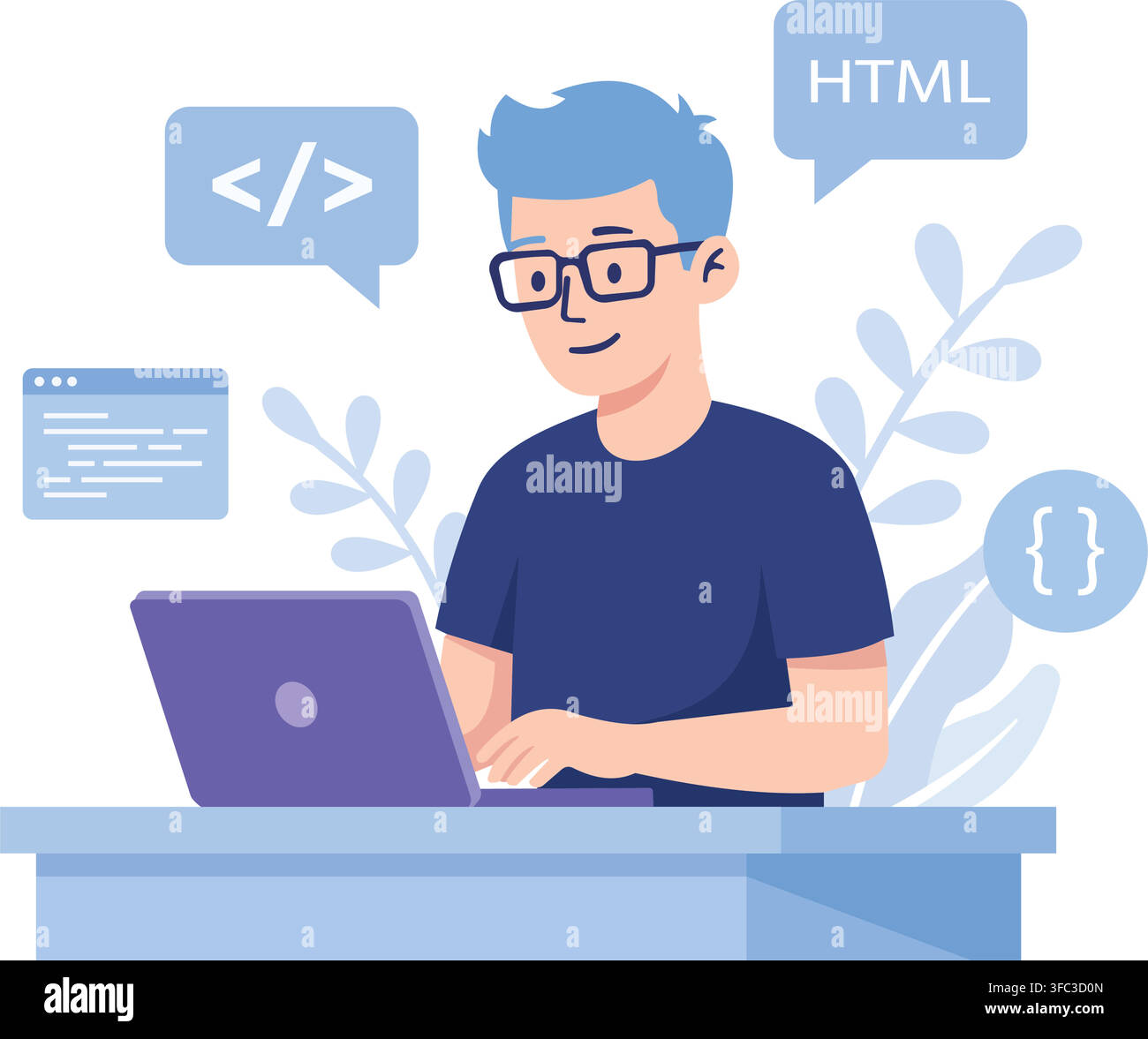 Young male developer working on laptop with html code speech bubbles and foliage background for software engineering concept. Stock Vector