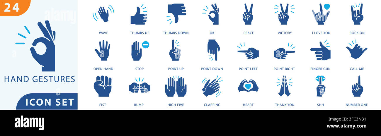 hand gesture icon set collection for non verbal communication, body language, expression, sign language, and interactive user interface design. Stock Vector