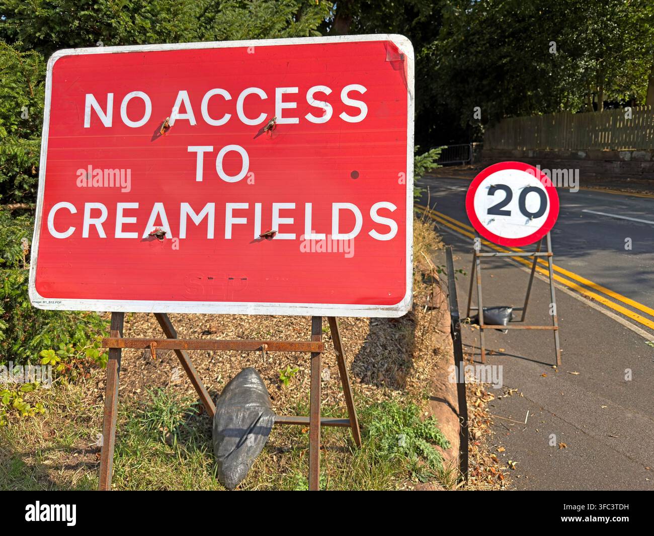Red 'No Access to Creamfields' traffic control sign on a Daresbury road, Cheshire, ahead of the August Bank Holiday 2026 dance festival. Stock Photo