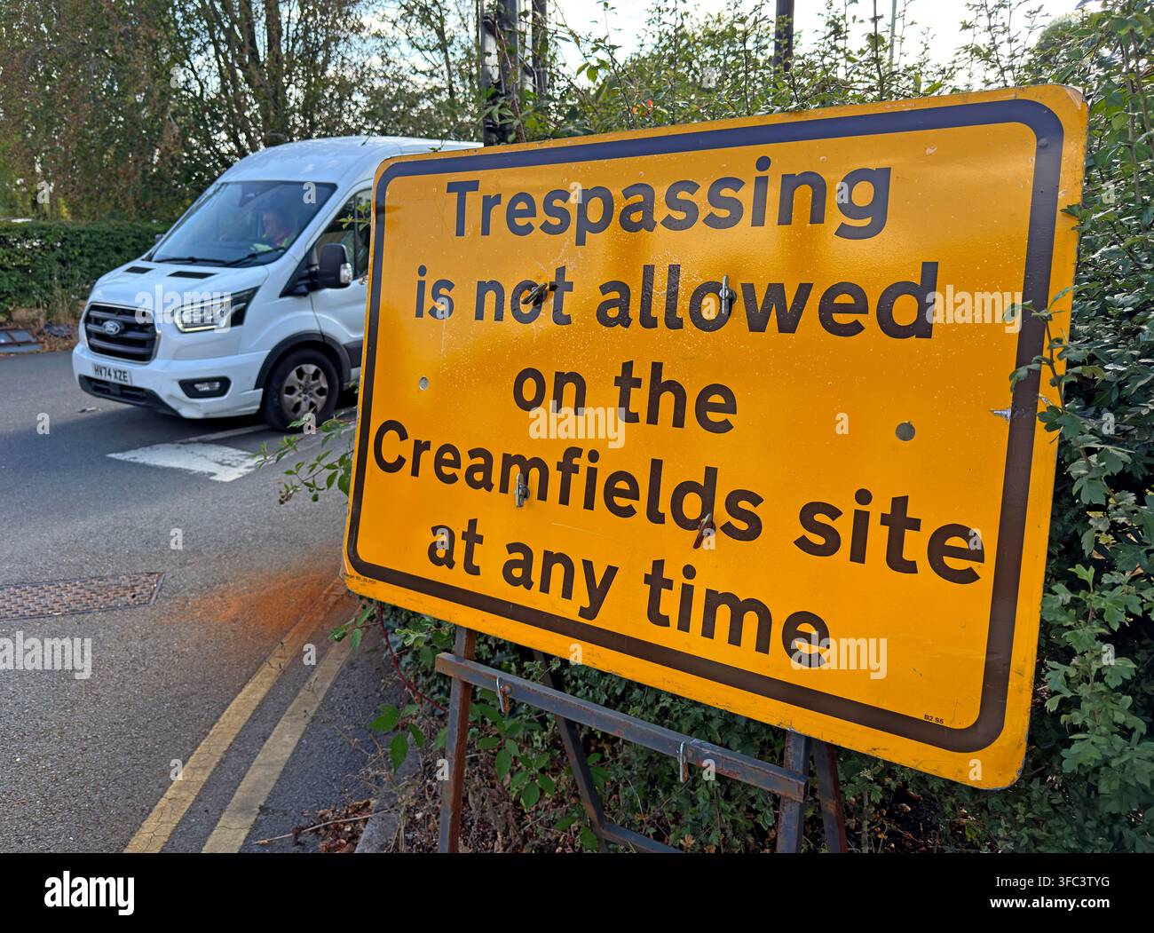 Creamfields 2026 'Trespassing is not allowed' security sign at the Daresbury festival site, Cheshire, before August Bank Holiday opening. Stock Photo