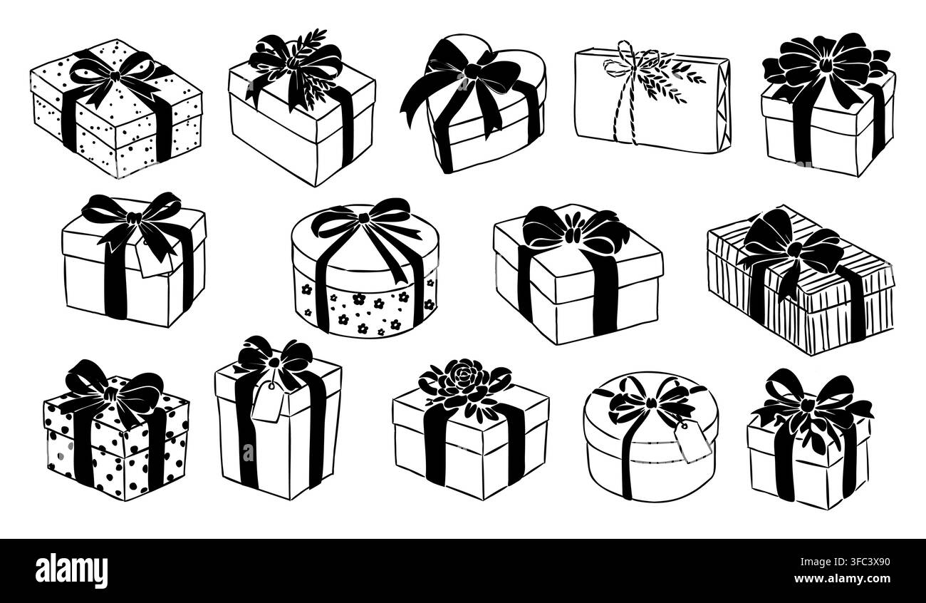 Black white gift boxes with bows in various styles Stock Vector