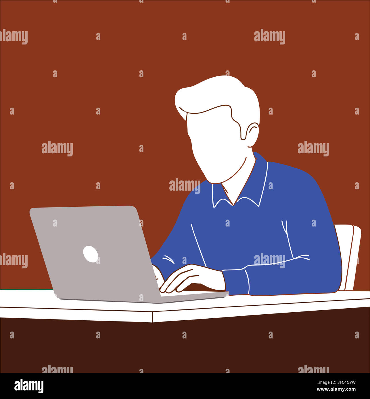 Stylized graphic of a person typing on a notebook computer with a solid color backdrop Stock Vector
