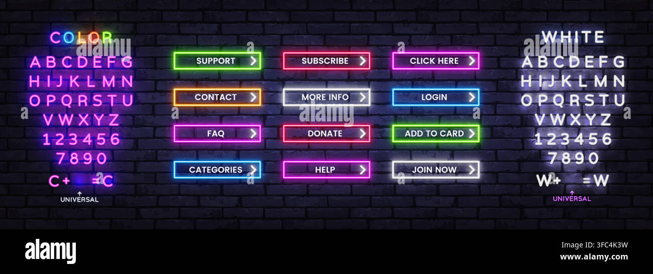 Neon rectangular web buttons with labels Support, Contact, FAQ, Donate on dark brick wall. Bright UI set includes editable font in color and white for Stock Vector