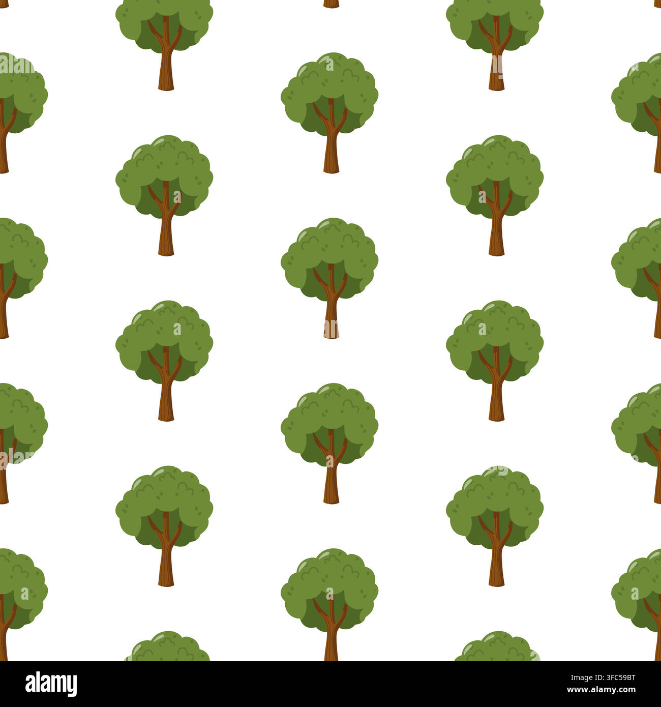 Seamless pattern with green deciduous trees and rounded canopies on white background Stock Vector
