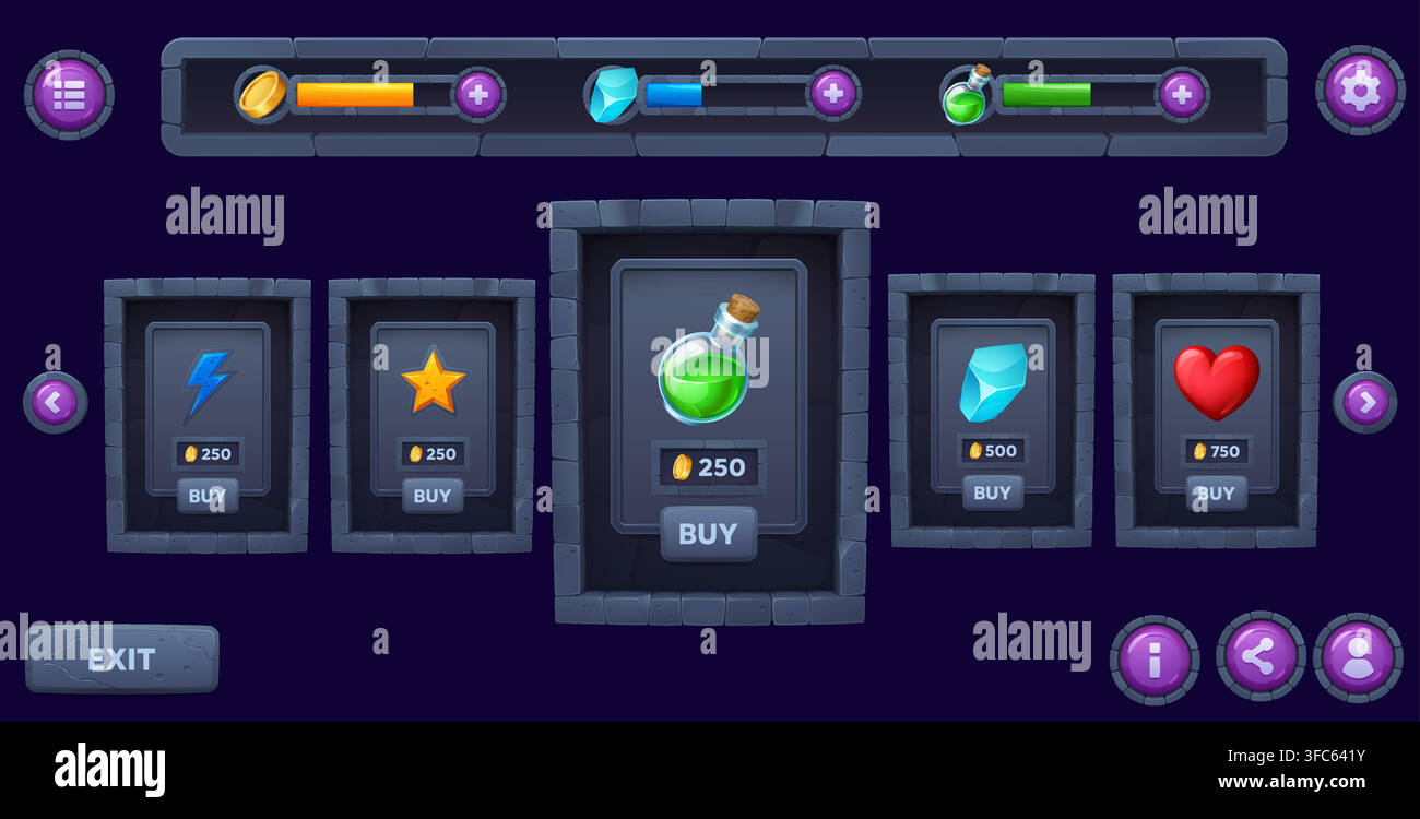 Stone game shop interface window and icons, loading bars, medieval store panel ui, sale board rocky frame. Fantasy cartoon purchase cards, resources, navigation buttons, hud elements and gui assets Stock Vector