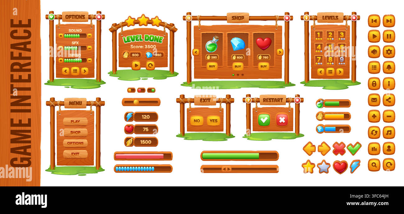 Wooden game UI interface buttons and level window, retro signboard loading scale and menu frame, adventure game indicators and rewards. Complete UI interface with progress bars for indie games Stock Vector
