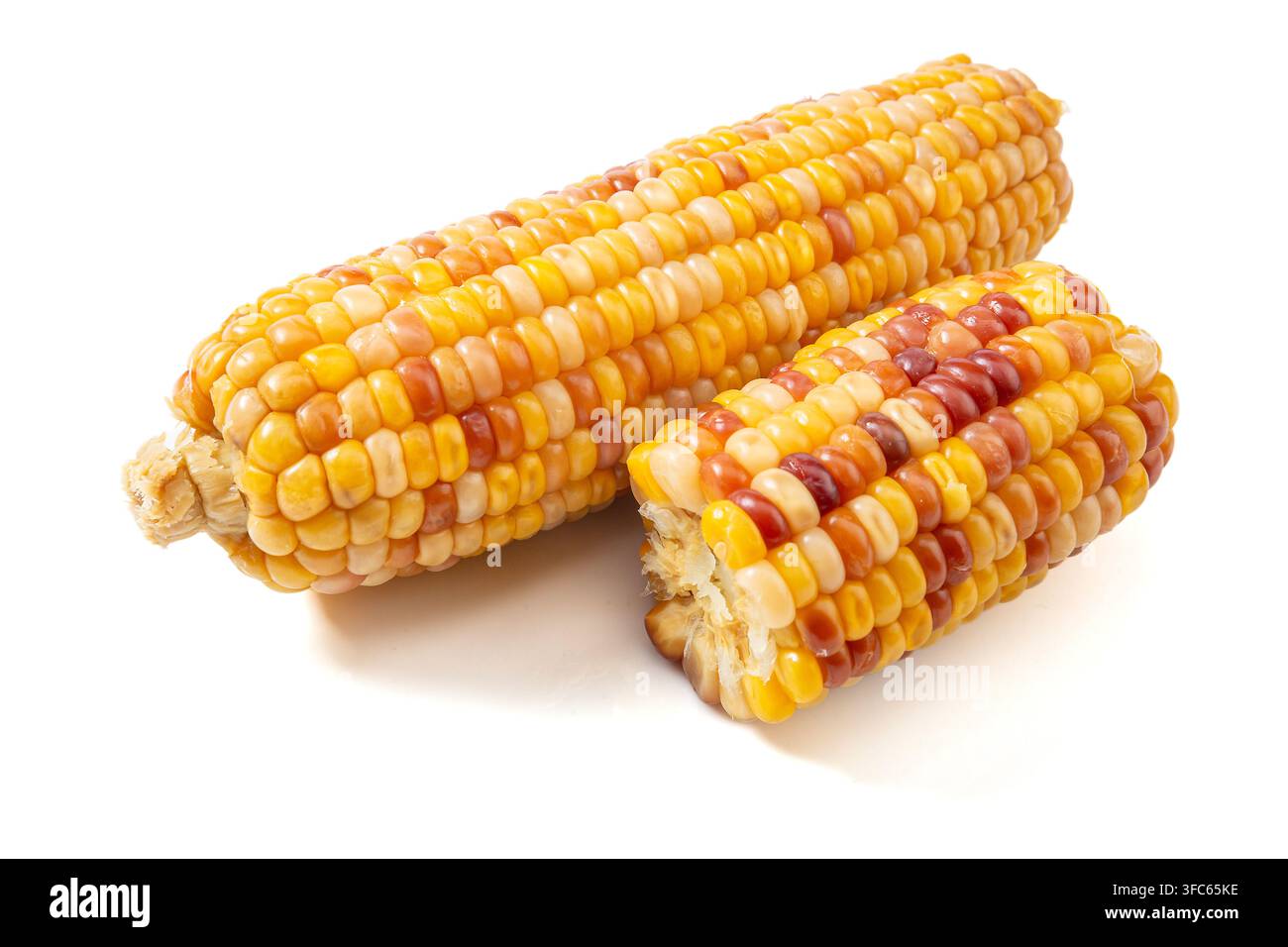 Boiled multicolored waxy corn cobs and cut segments isolated on white background Stock Photo