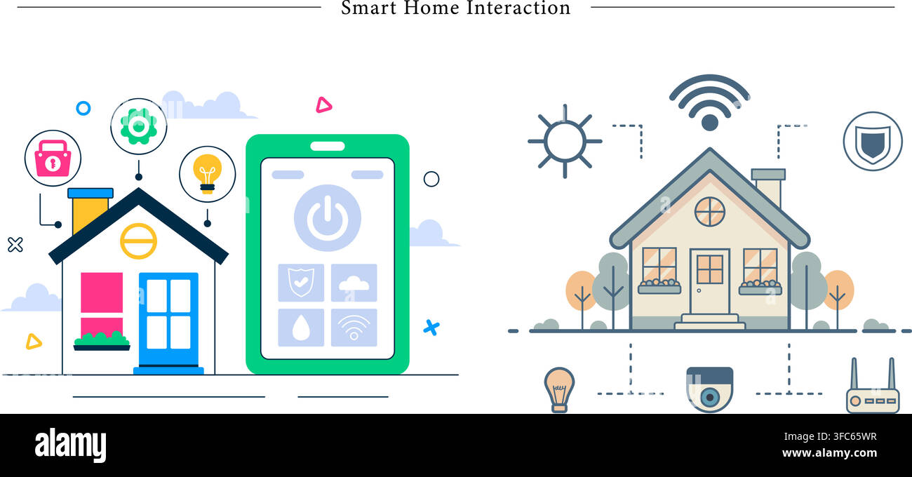Smart home interaction set showing mobile app control system, home automation, security network, wireless technology, and iot flat vector illustration Stock Vector