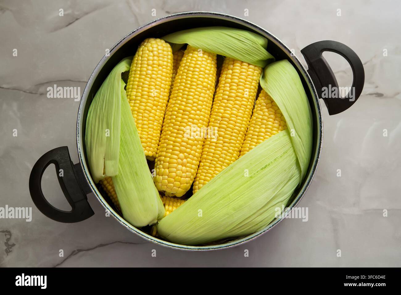 Corn in a saucepan on the table. Fresh corn prepared for cooking. View from above. Stock Photo