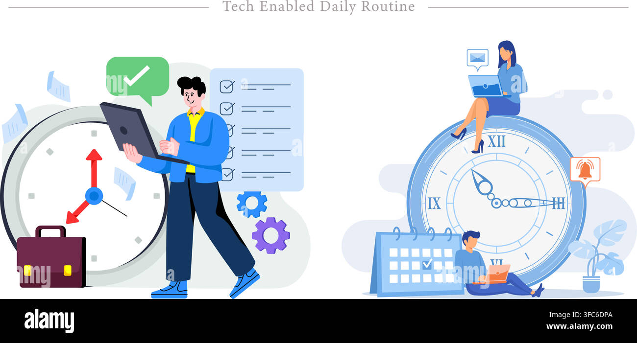 Tech enabled daily routine set showing professionals managing tasks, scheduling calendar, checking emails, and tracking time flat vector illustration Stock Vector