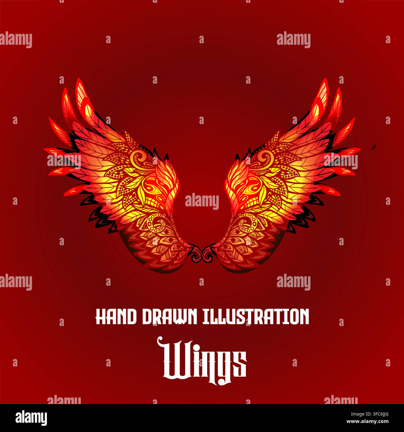 Red Glowing Wings Hand Drawn Illustration Stock Vector