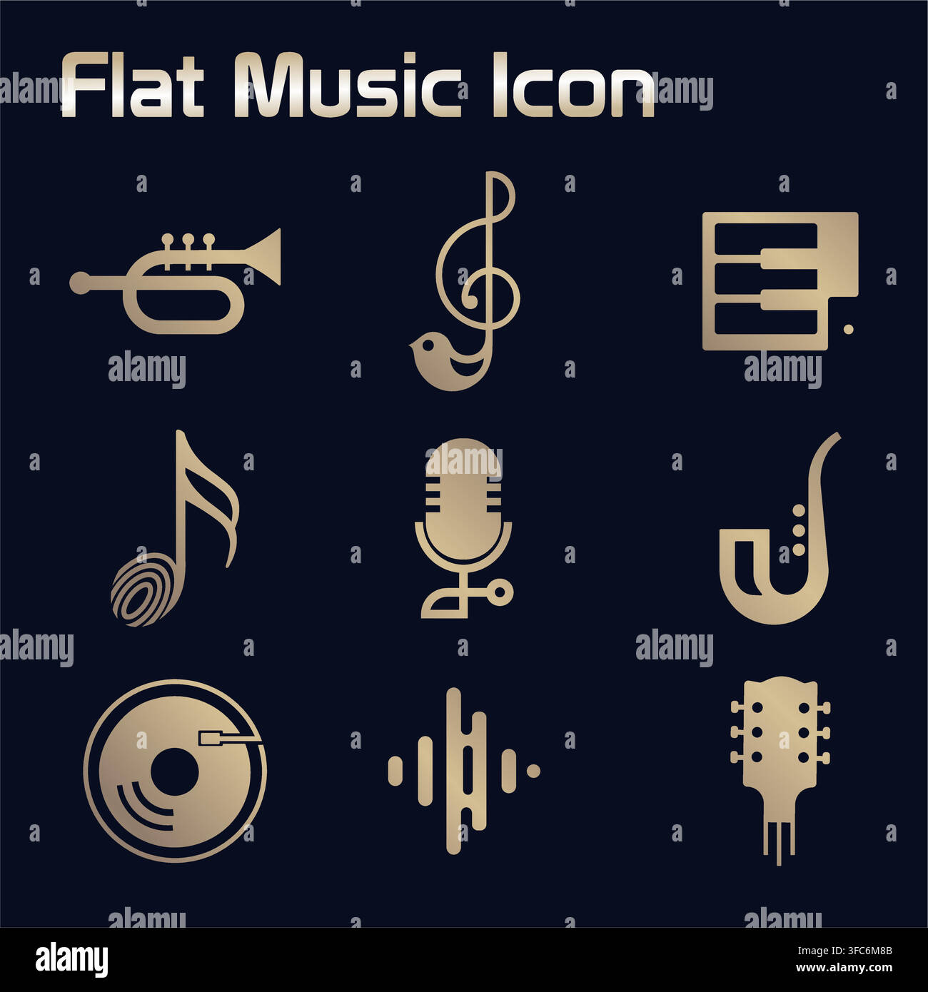 Flat Gold Music Icon Set Collection Stock Vector