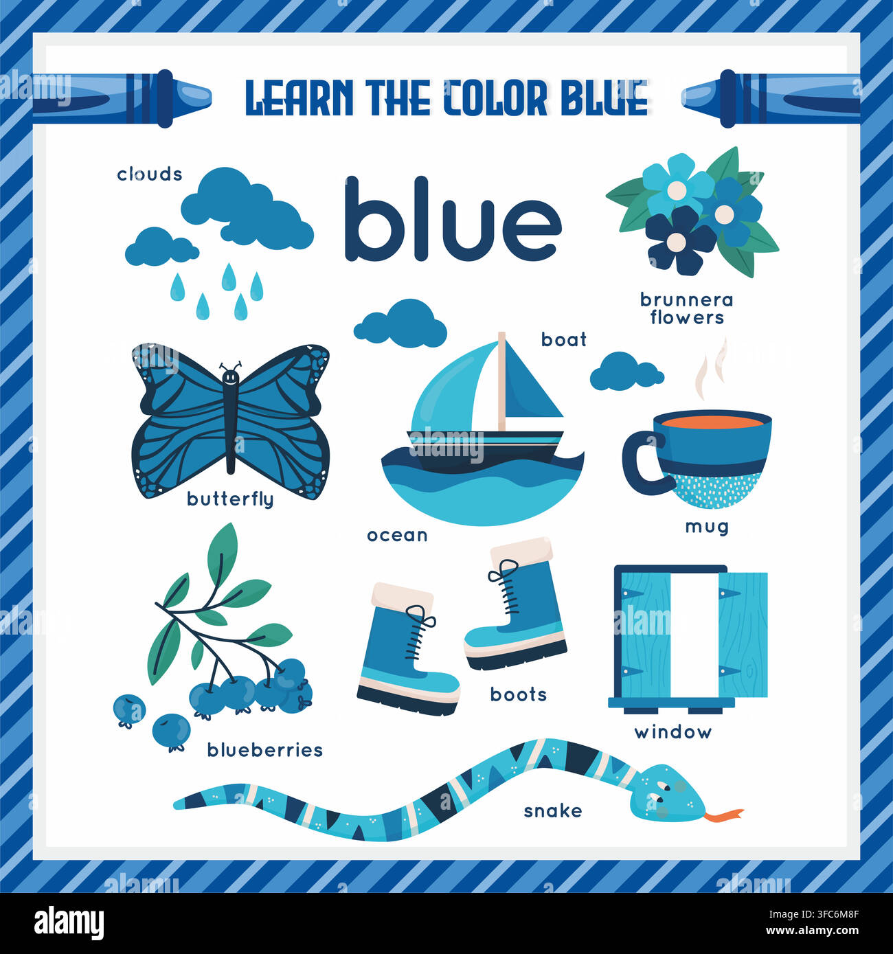 Learn the Color Blue Educational Flashcard Vector Template Stock Vector