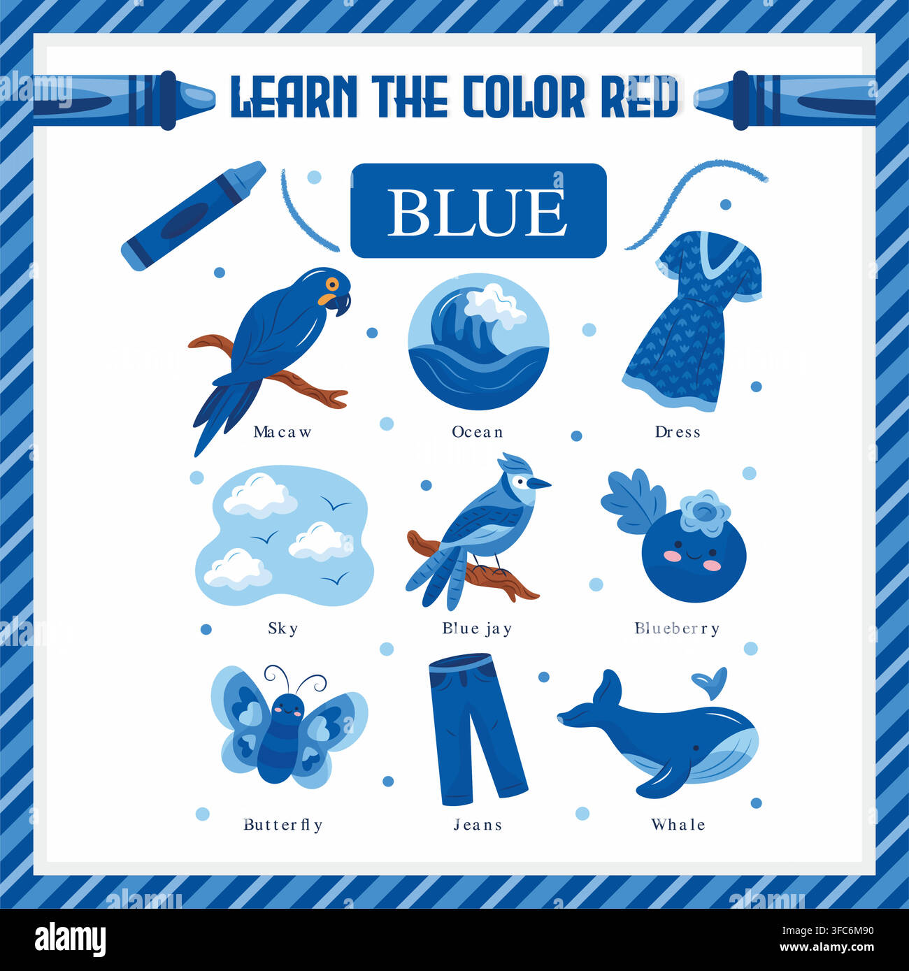 Learn the Color Blue Educational Flashcard Vector Template Stock Vector