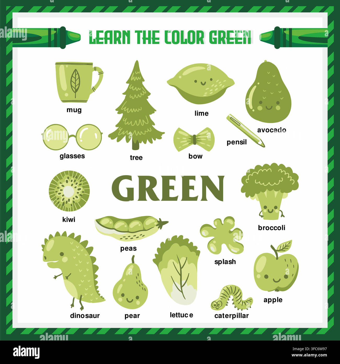 Learn the Color Green Educational Flashcard Vector Template Stock Vector